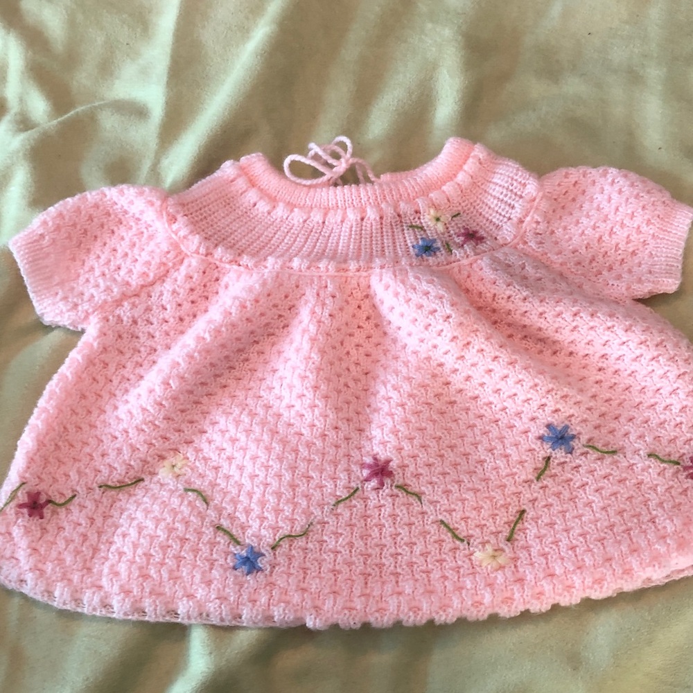 Handmade knit/crochet pink sweater 6 months?/embroidered flowers/short sleeves